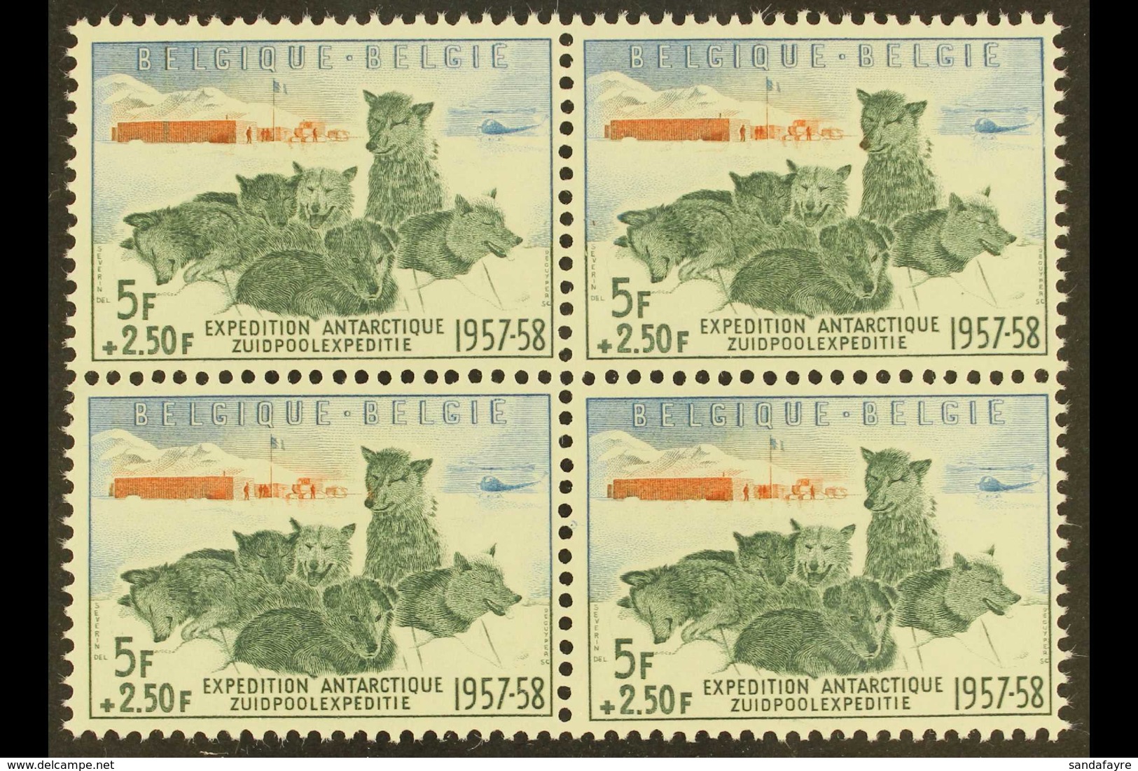 1957 5f+2.50f Antarctic Expedition Stamps From Mini-sheets (Michel 1073, COB 1031), Superb Never Hinged Mint BLOCK Of 4, - Andere & Zonder Classificatie