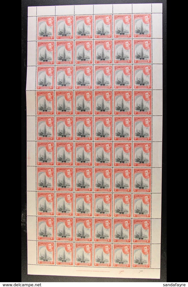 1938-52 KGVI COMPLETE SHEET 1d Black & Red, SG 110, Plate/cylinder 2a/2a, Complete Sheet Of 60 Stamps (6 X 10), Selvedge - Bermuda