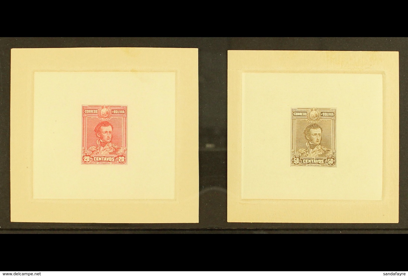 1899 IMPERF DIE PROOFS. 1899 Antonio Jose De Sucre 20c & 50c Issues (Scott 66/67, SG 97/98) On Thin Papers And Attached  - Bolivië