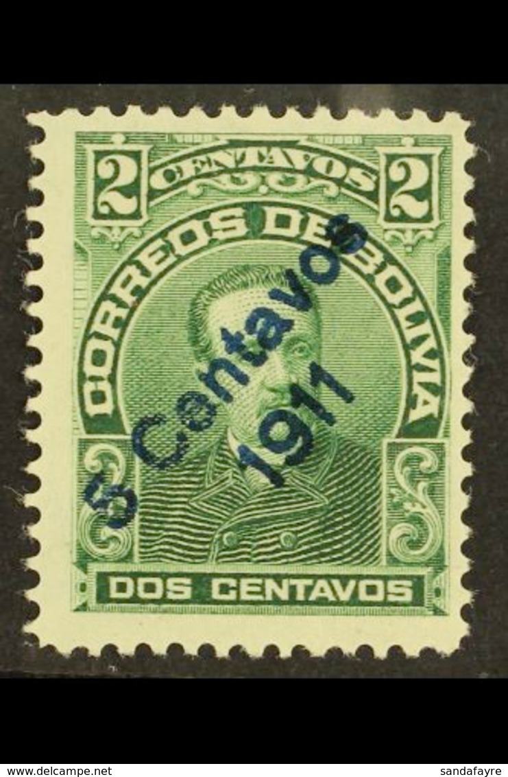 1911 5c On 2c Green SURCHARGE IN BLUE Variety (Scott 95d, SG 127c), Fine Mint, Expertized A.Roig, Very Fresh. For More I - Bolivien