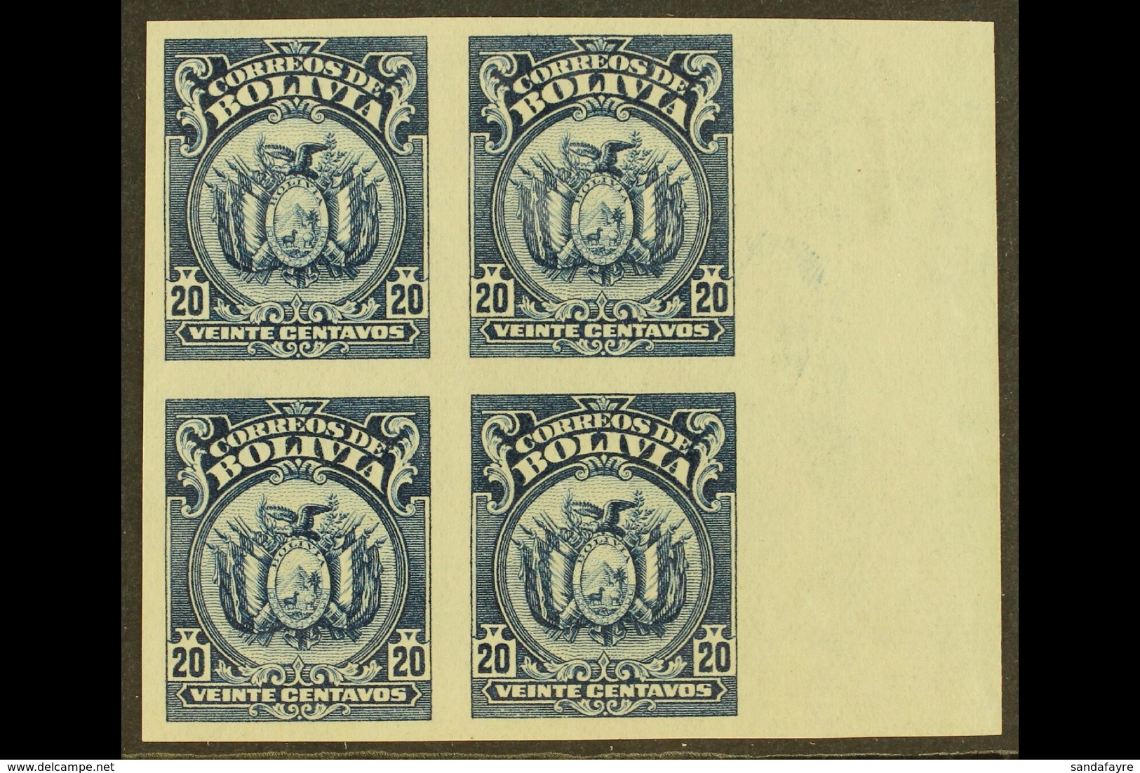 1923-7 20c Slate-blue, Coat Of Arms, IMPERFORATE BLOCK OF 4, Scott 132, Fine Unused. For More Images, Please Visit Http: - Bolivia