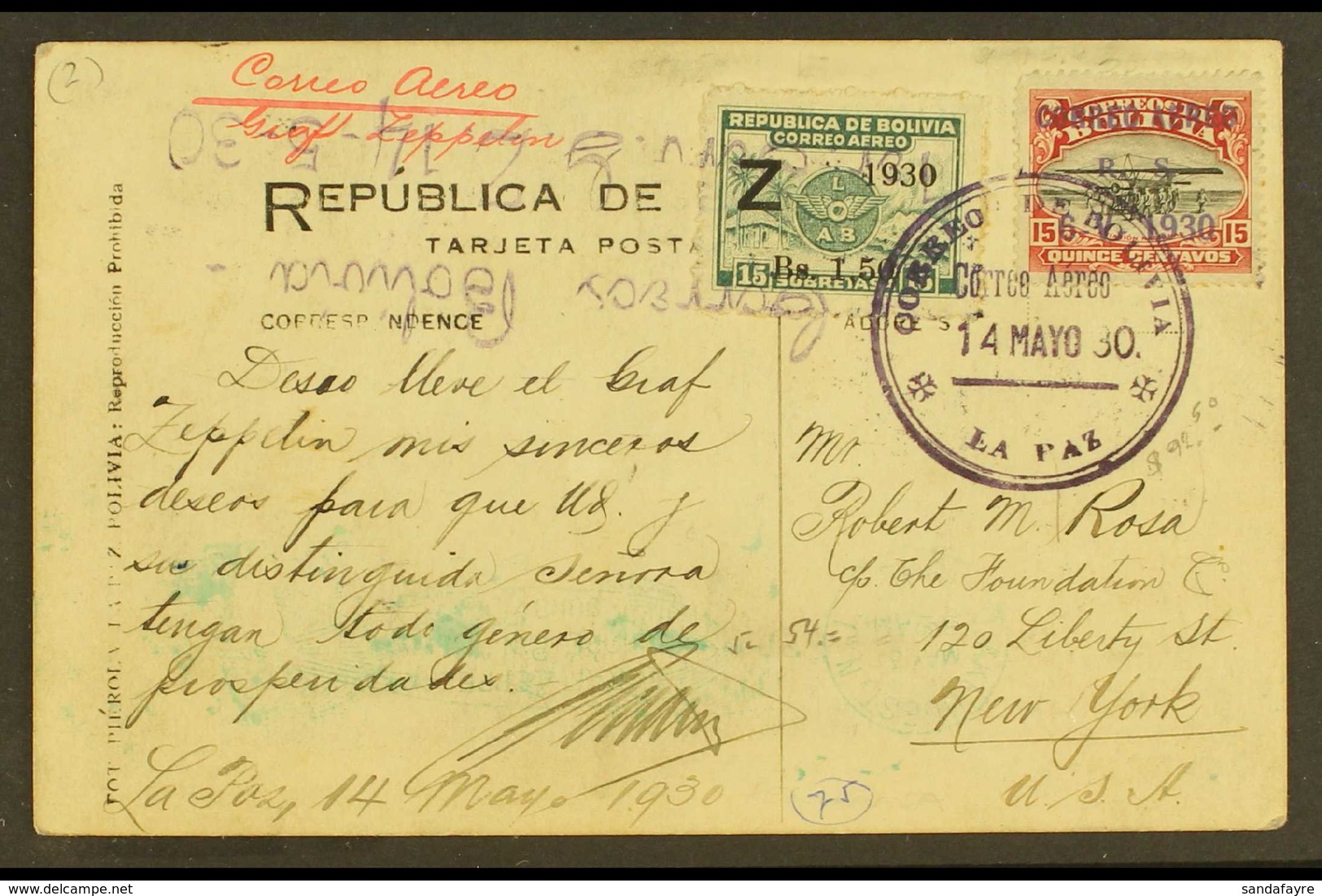 1935 GRAF ZEPPELIN FLIGHT. (14 May) Picture Postcard Addressed To New York, Bearing 1930 15c Air Overprint (Scott C14, S - Bolivië