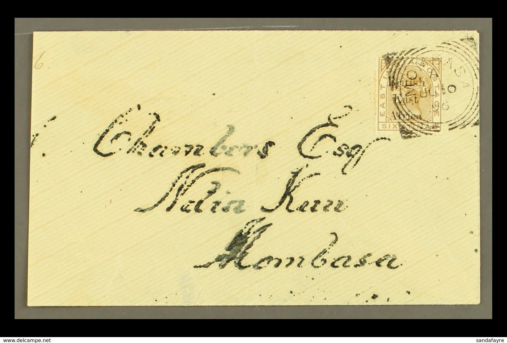 1896 (June) An Attractive "Chambers" Envelope Bearing Overprinted Indian 6a SG 56, Tied By Neat Upright Mombasa Squared  - África Oriental Británica