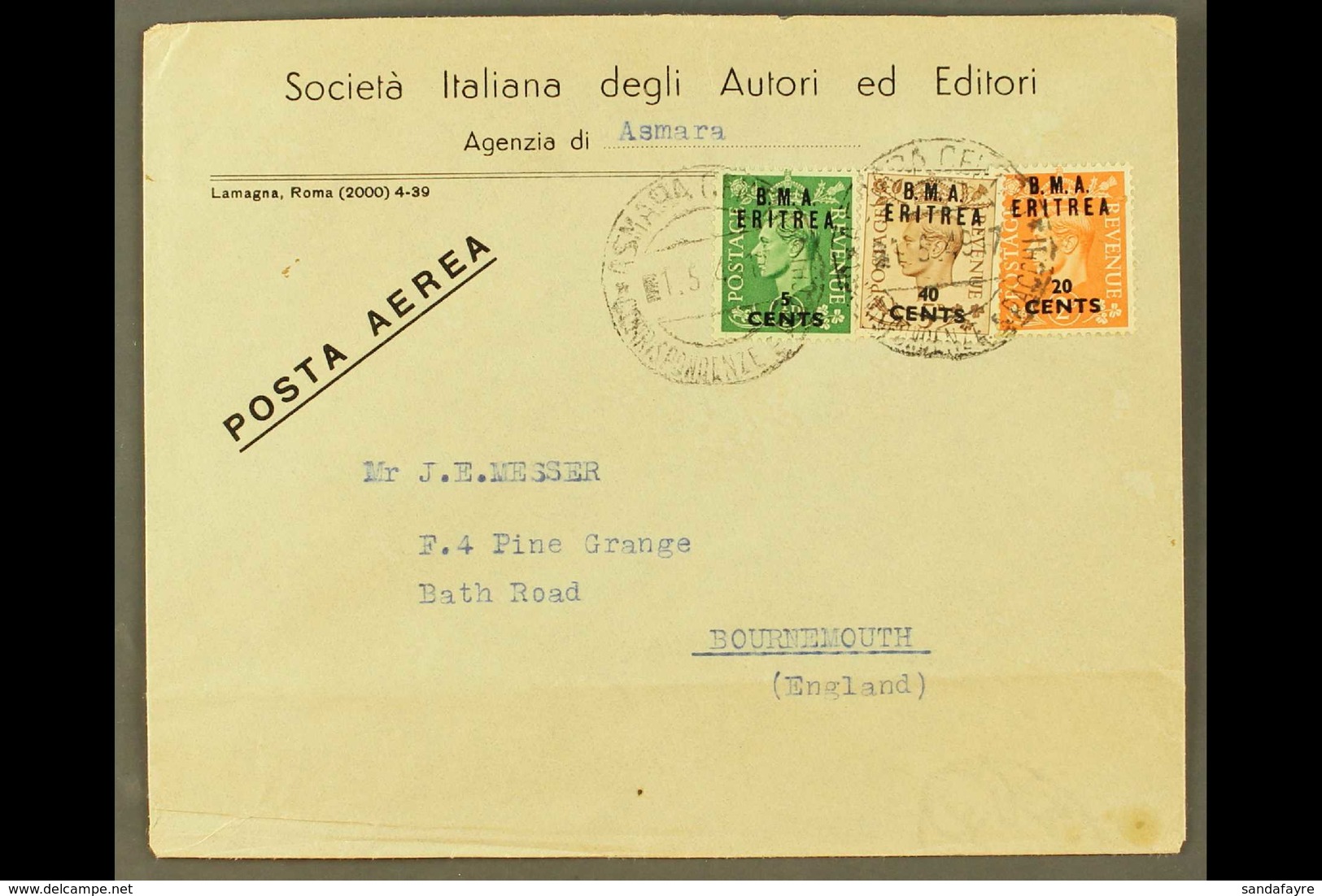 ERITREA 1949 (May) Printed Commercial Envelope To England, Bearing B.M.A. 5c On ½d, 20c On 2d And 40c On 5d, Tied Asmara - Italienisch Ost-Afrika