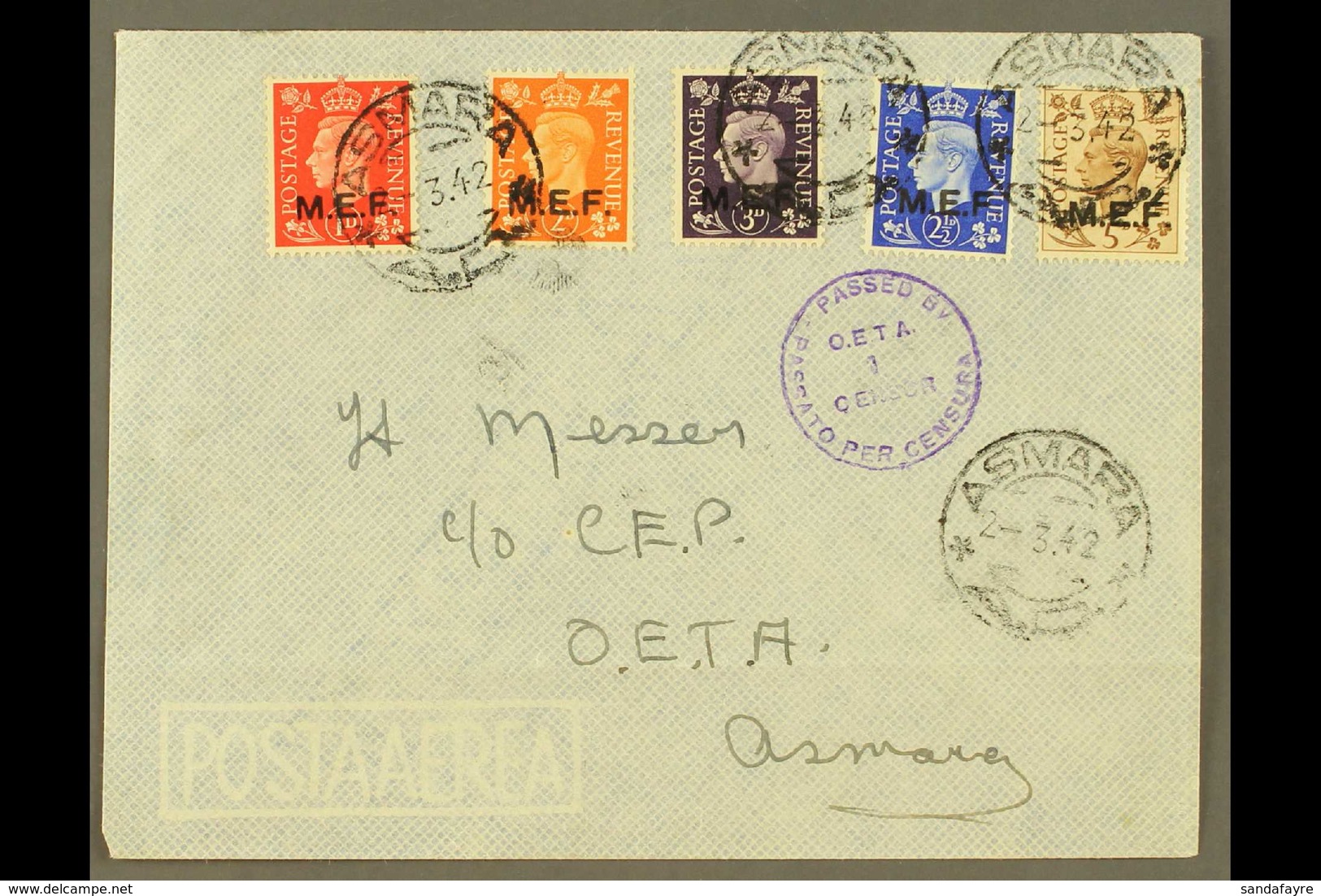 M.E.F. 1942 (2 March) FIRST DAY COVER Bearing  The Type M2a Rough Lettering With Round Stops Set Of Five, SG M6a-M10a, T - Italienisch Ost-Afrika