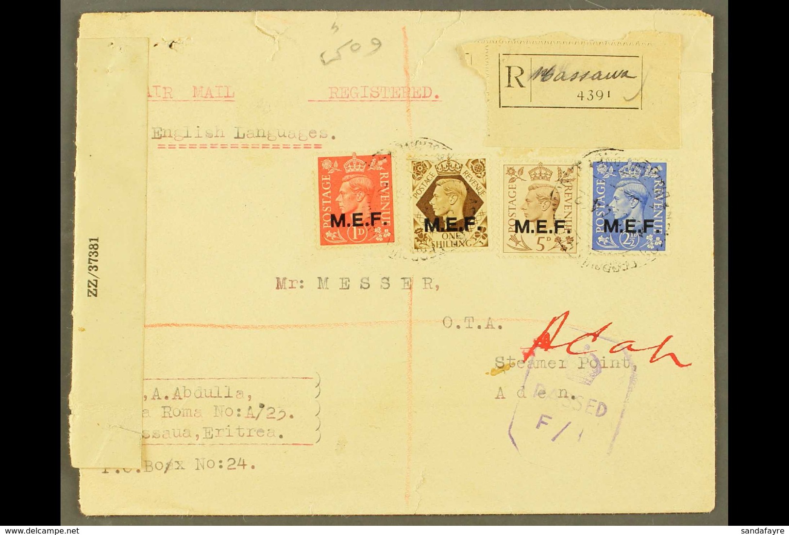 M.E.F. 1944 (May) Registered Censored Airmail Cover To Aden, Bearing 1943 1d, 2½d, 5d And 1s Tied Asmara Italian Type Cd - Italiaans Oost-Afrika