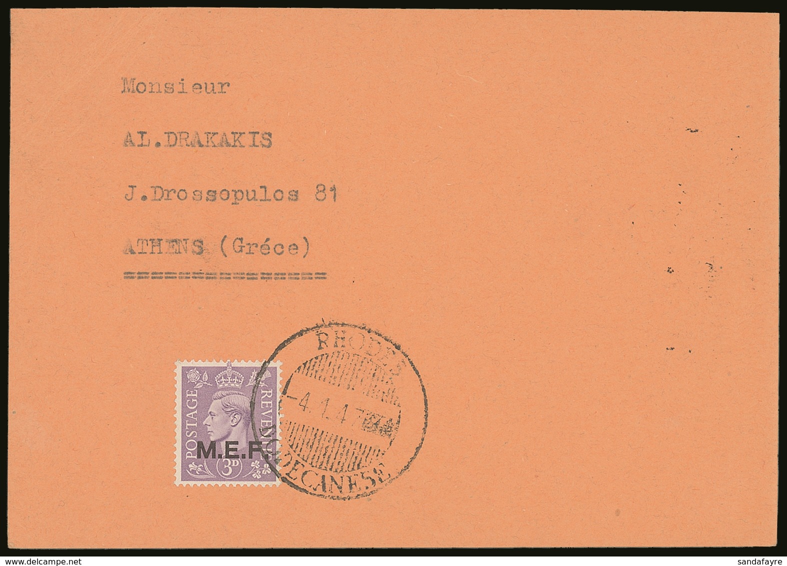 MEF (AEGEAN ISLANDS CARD) 1943-47 3d Pale Violet, Sass 9, Very Fine Used On Card Used To Athens, Tied By RHODES / DODECA - Italian Eastern Africa