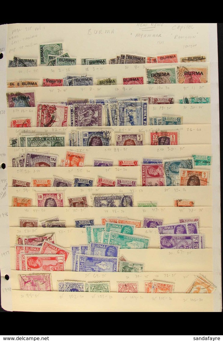 1937-1960's MINT & USED RANGES On Stock Pages, Inc 1937 Opts To 2r & 5r (rounded Corner) Used, 1938-40 Set To 5r Used, J - Birma (...-1947)