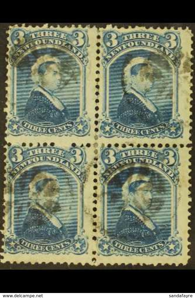 1868-73 3c Blue, Queen Victoria, Perf.12, BLOCK OF FOUR, SG 37, Used With Fancy Cancels. Rare Block. For More Images, Pl - Other & Unclassified