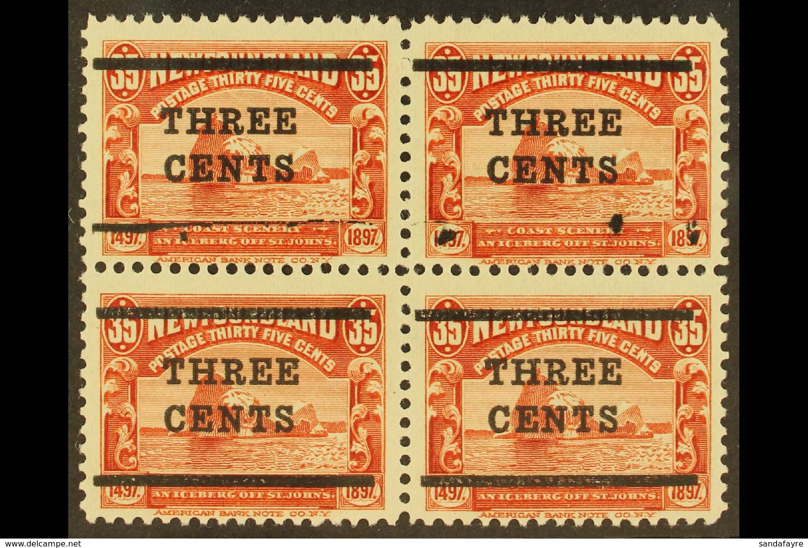 1920 (Sept) 3c On 35c Red, SG 147, Block Of Four With The Upper Pair Showing Most Of One Bar And Part Of One Bar Missing - Other & Unclassified