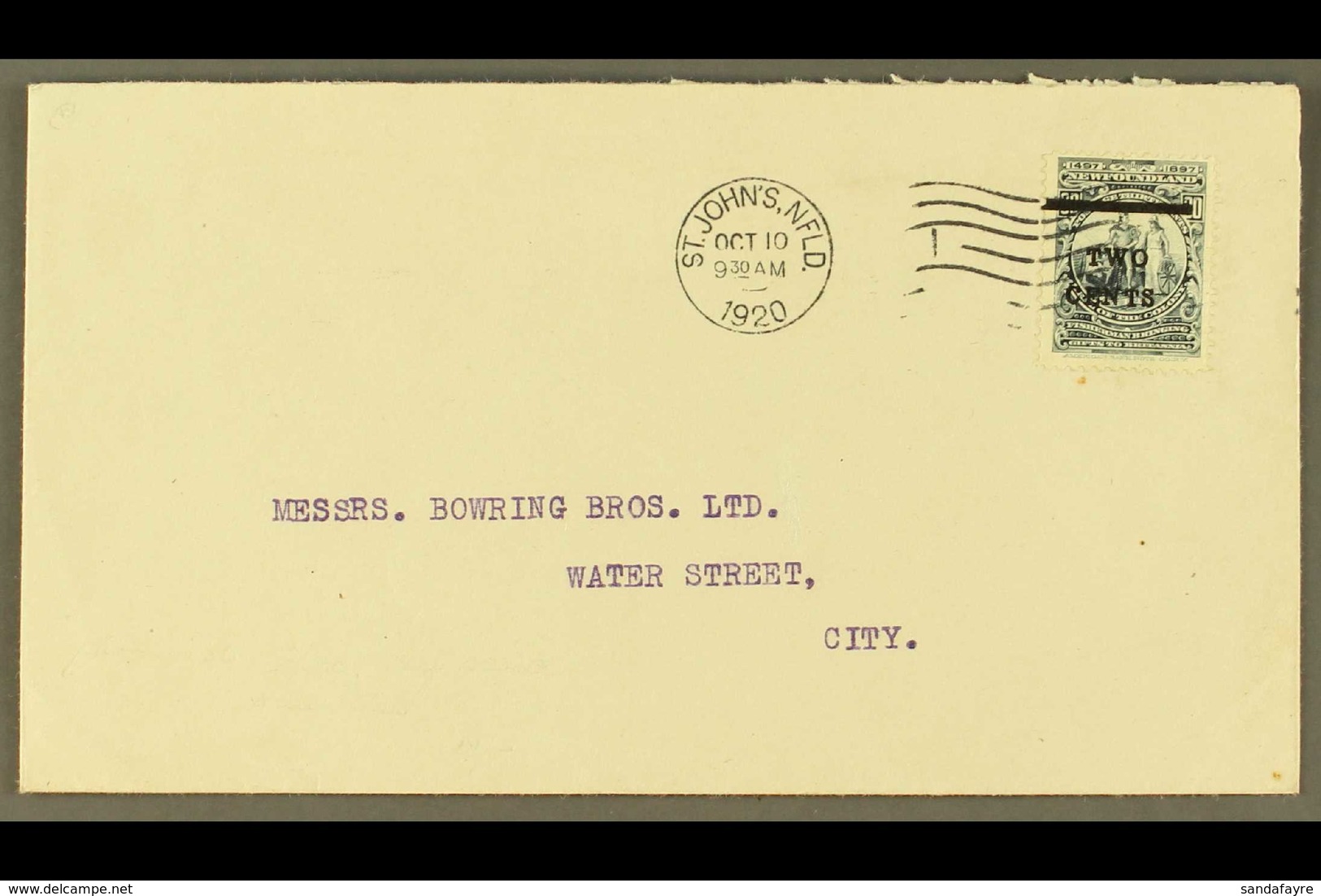 1920 2c On 30c Slate-blue, SG 144, On Neat Local Cover, Tied St John's Machine Cancel, October 1920. For More Images, Pl - Andere & Zonder Classificatie