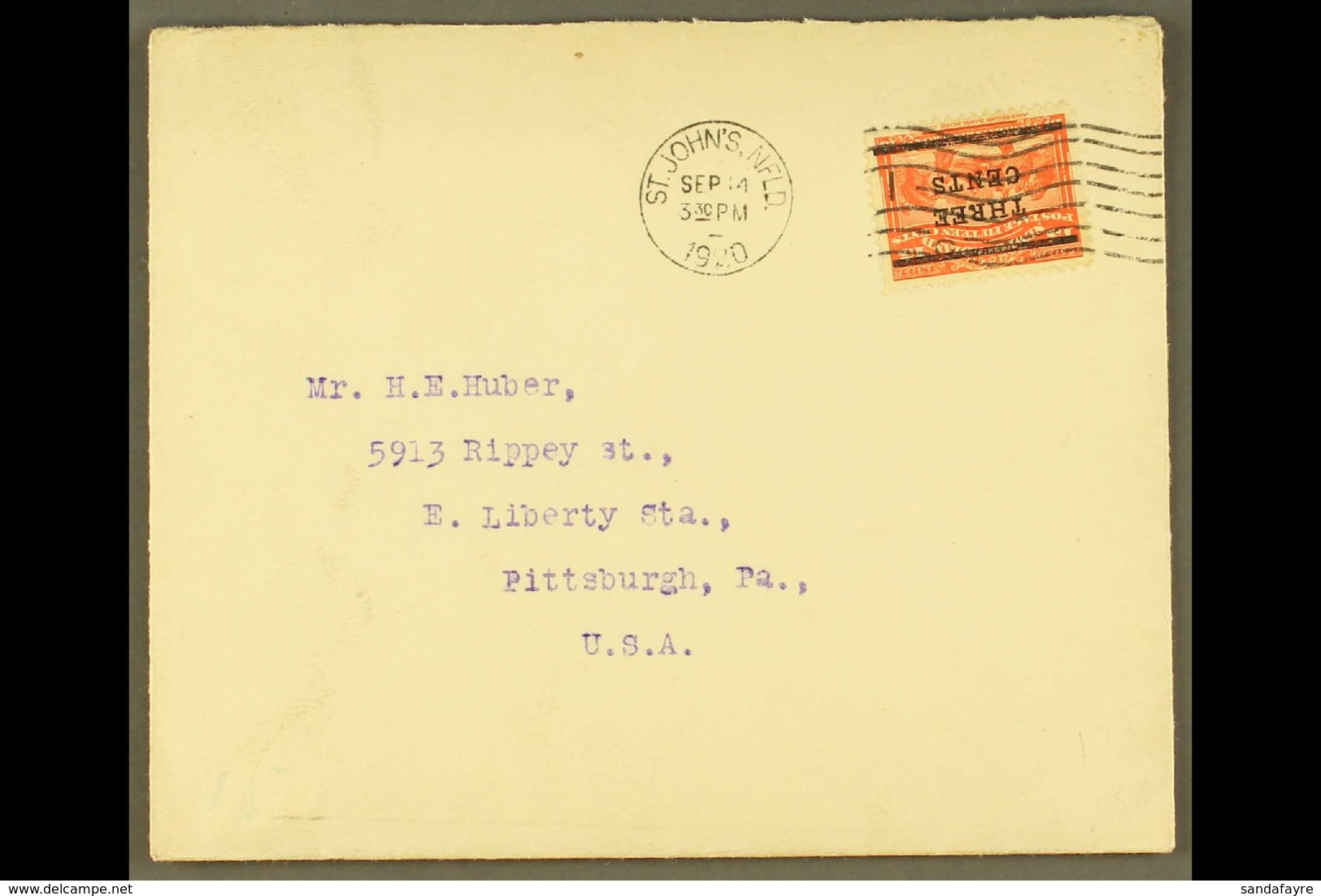 1920 3c On 15c Bright Scarlet, Wide Setting, SG 146, On Cover To USA, Tied St John's Machine Cancel Of Sept. 14th - The  - Other & Unclassified