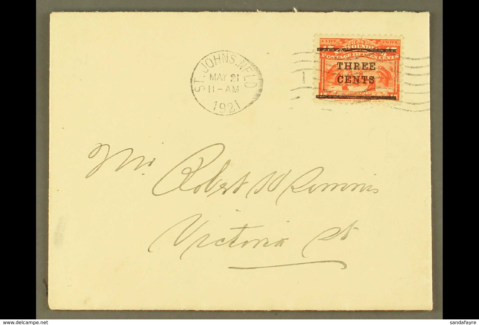 1920 3c On 15c Bright Scarlet, SG 146, On Neat Local Cover Tied St John's May 21st Machine Cancel, Late Use For This.    - Andere & Zonder Classificatie