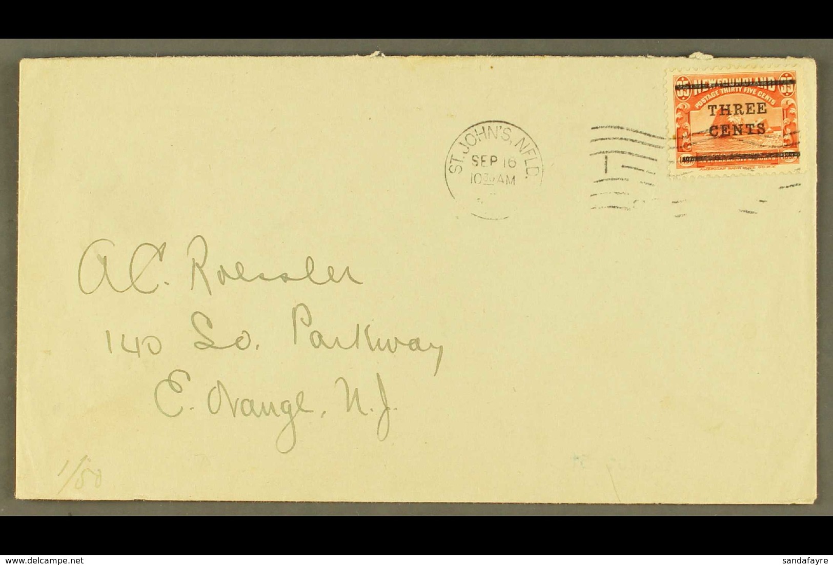 1920 3c On 35c Red, SG 147, On Neat Cover To USA, Tied St John's Sept. 16th Machine Cancel - The Second Day Of Issue.  F - Andere & Zonder Classificatie