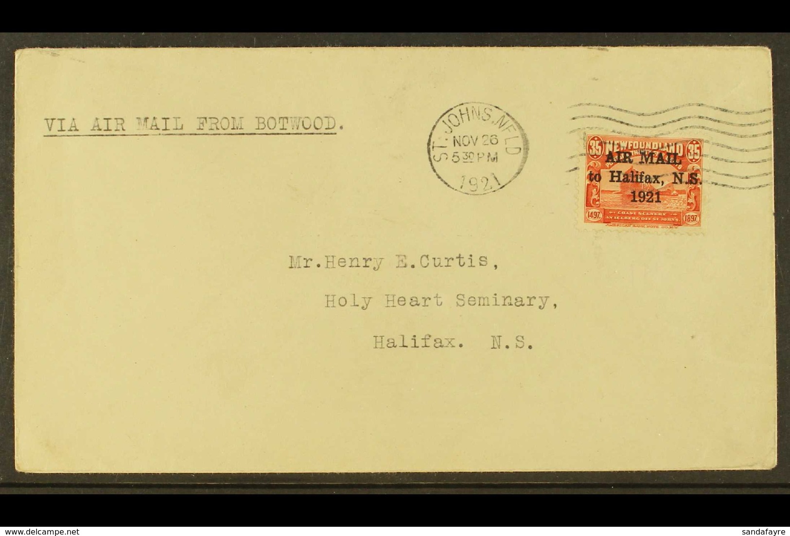 1921 AIRMAIL COVER ( WITH  NO STOP VARIETY) (26 Nov) Airmail Cover To Halifax, Nova Scotia, Endorsed 'Via Air Mail From  - Andere & Zonder Classificatie