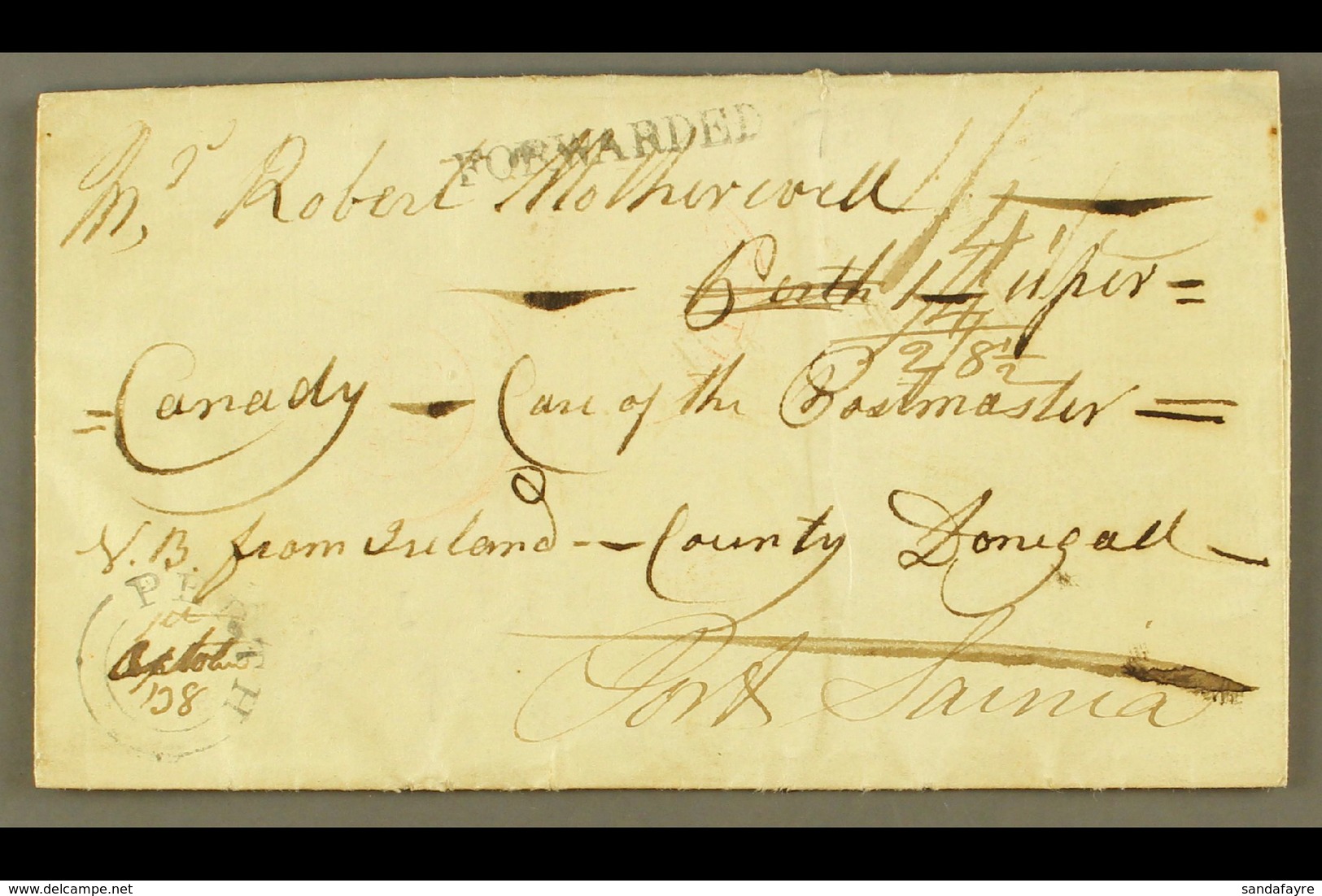 1838 Entire From County Donegall, Ireland, Addressed To Perth, Upper Canada, Forwarded To Port Sarnia, Bearing Two Weak  - Other & Unclassified