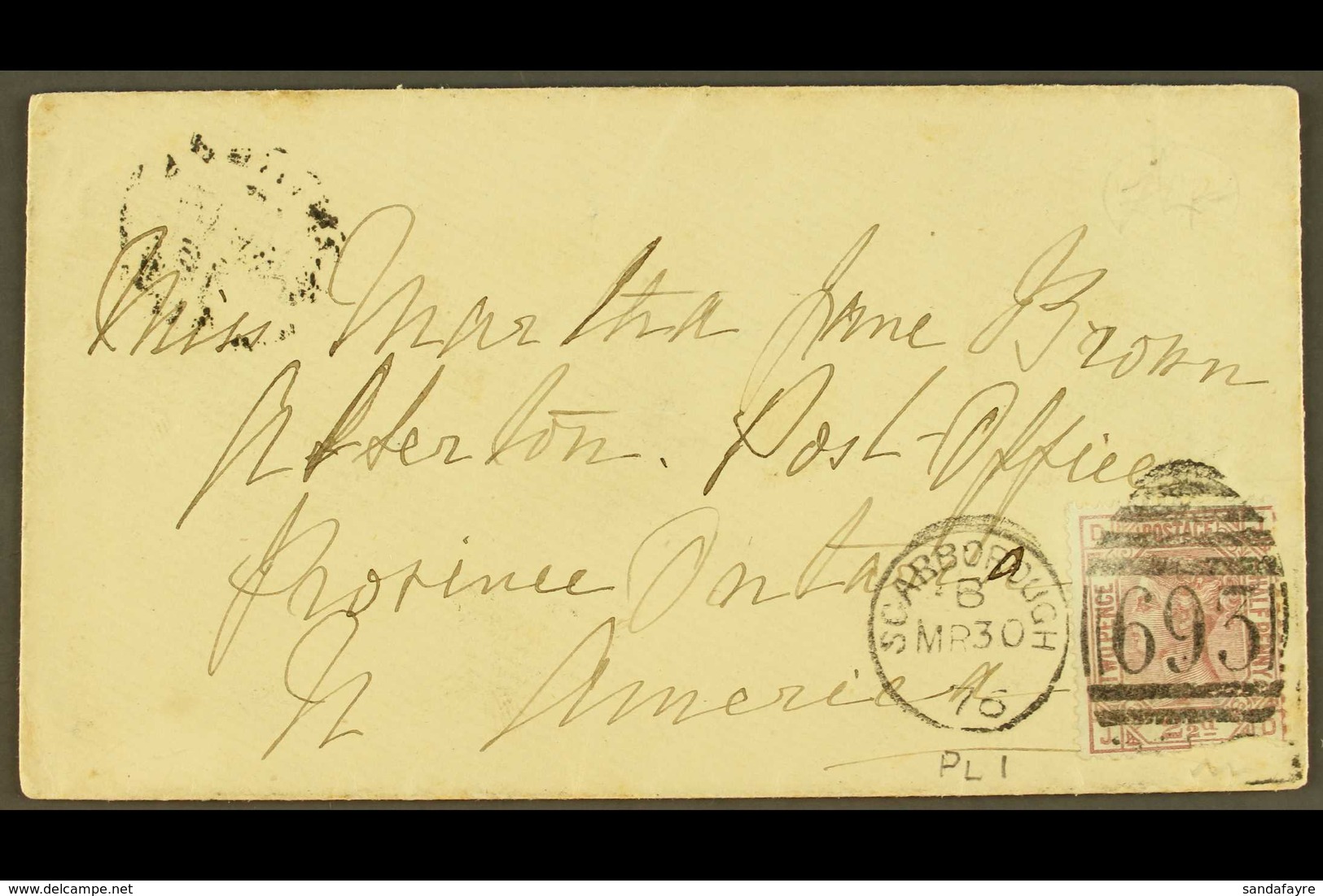 1876 (30 Mar) Env From Scarborough, England To Atherton PO, Ontario Bearing GB 2½d Rosy Mauve On Blued Paper (SG 138, Co - Andere & Zonder Classificatie