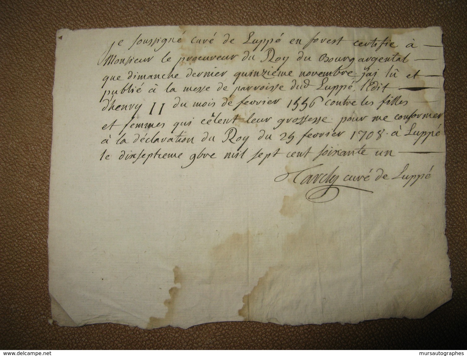 ATTESTATION MANUSCRITE CURE DE LUPPE EN FOREST SUR GROSSESSES CACHEES 1708 VELAY LOIRE LOI HENRI II - Manuscrits