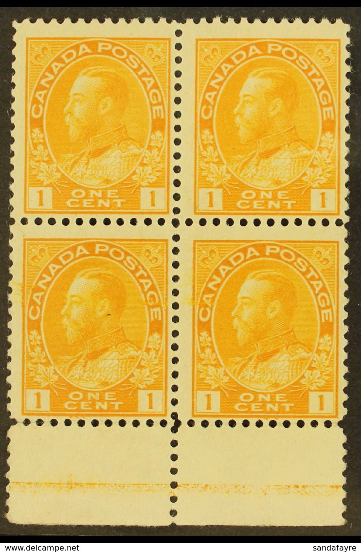 1911-25 1c Yellow Admiral (Unitrade 105) With Type C LATHEWORK In The Lower Sheet Margin Of A Block Of Four, Fine Mint.  - Andere & Zonder Classificatie