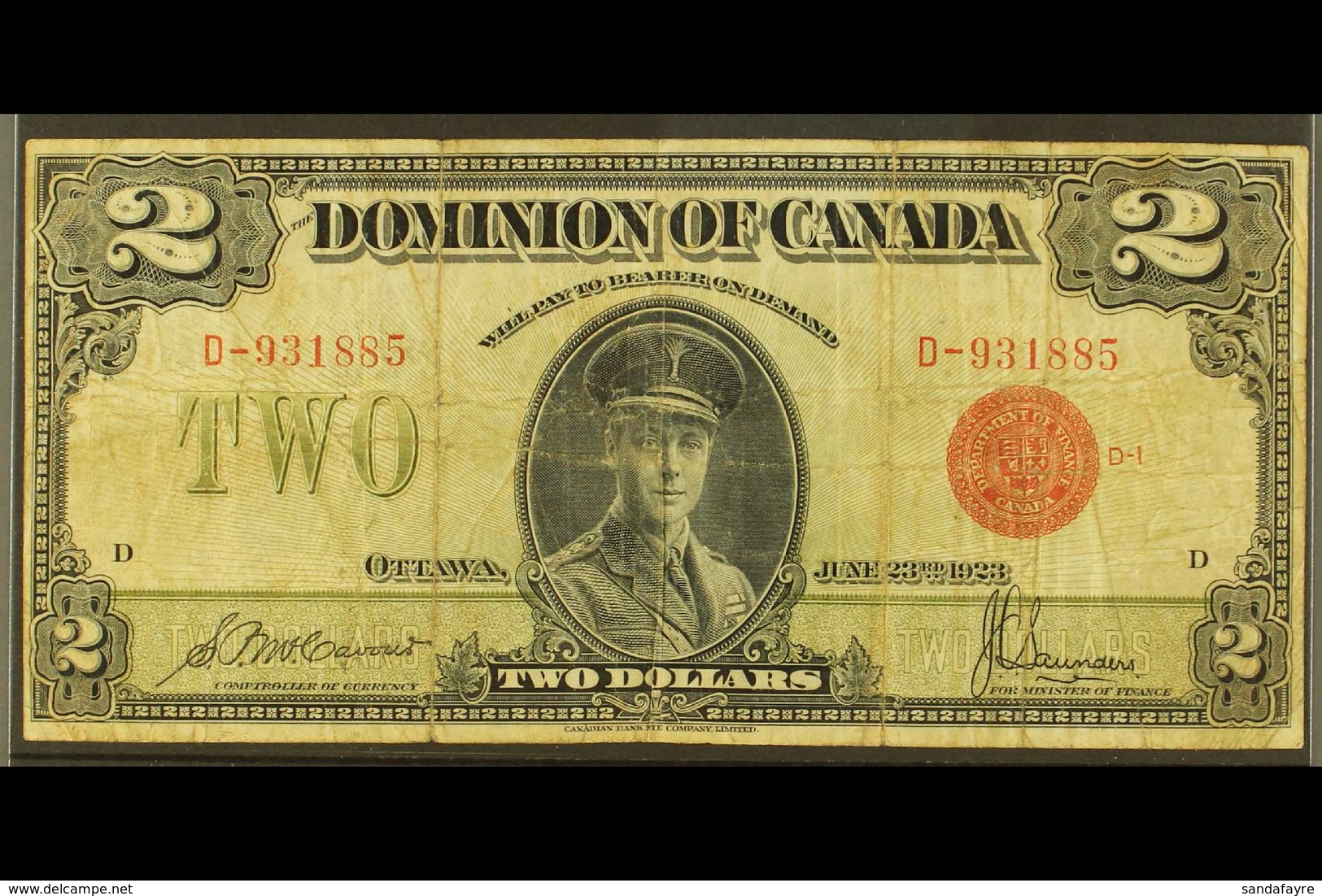 1923 $2 Black On Olive With Red Seal And McCavour & Saunders Signatures Group 1 BANKNOTE, Pick 34b, Very Good Condition  - Andere & Zonder Classificatie