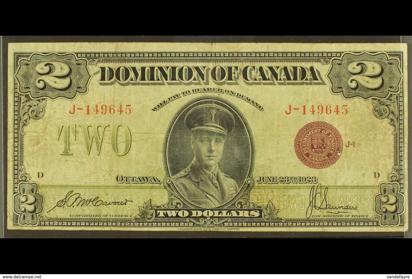 1923 $2 Black On Olive With Red Bronze And McCavour & Saunders Signatures Group 1 BANKNOTE, Pick 34e, Very Good Conditio - Andere & Zonder Classificatie