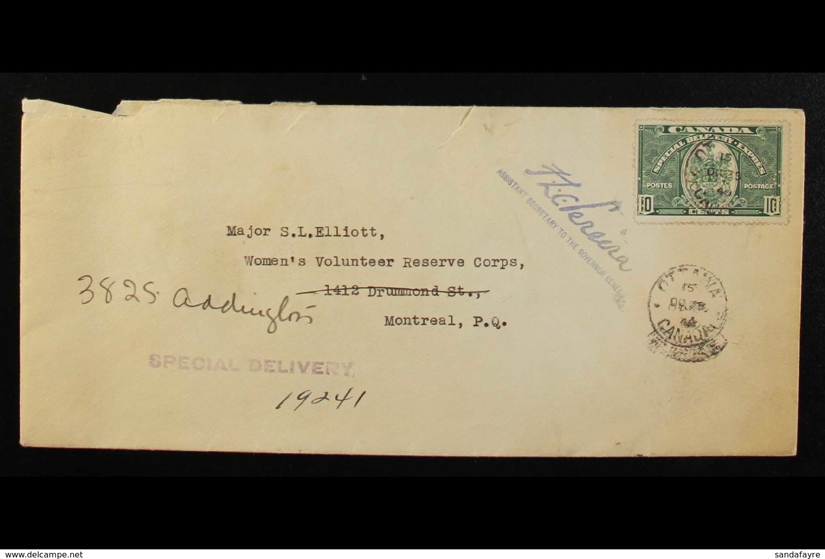 OFFICIAL 1939 10c Green, SG OS12 Used On Free Franked, Long Cover From Ottawa To Montreal. Faults & Torn Flap. For More  - Andere & Zonder Classificatie