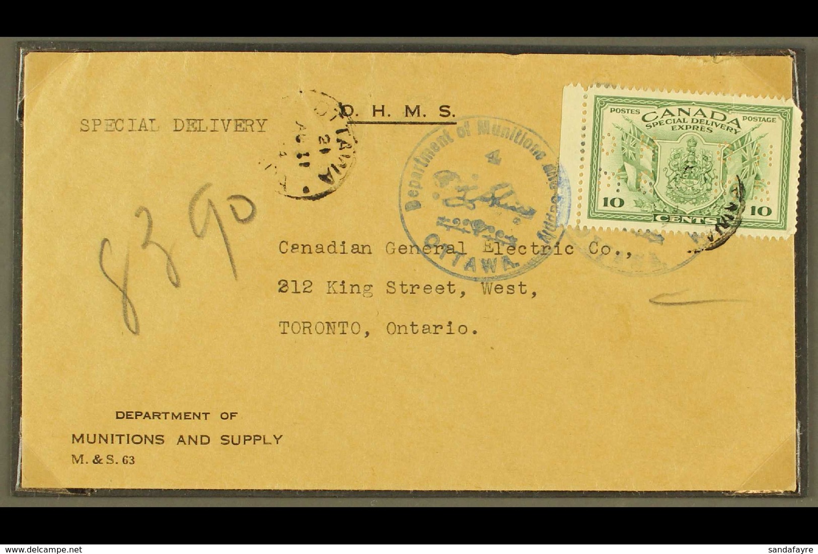 OFFICIAL 1942-3 10c Green, SG OS14 Used On 1944 "O.H.M.S." Cover From Ottawa To Toronto. Flap Partly Torn, Otherwise Fin - Sonstige & Ohne Zuordnung