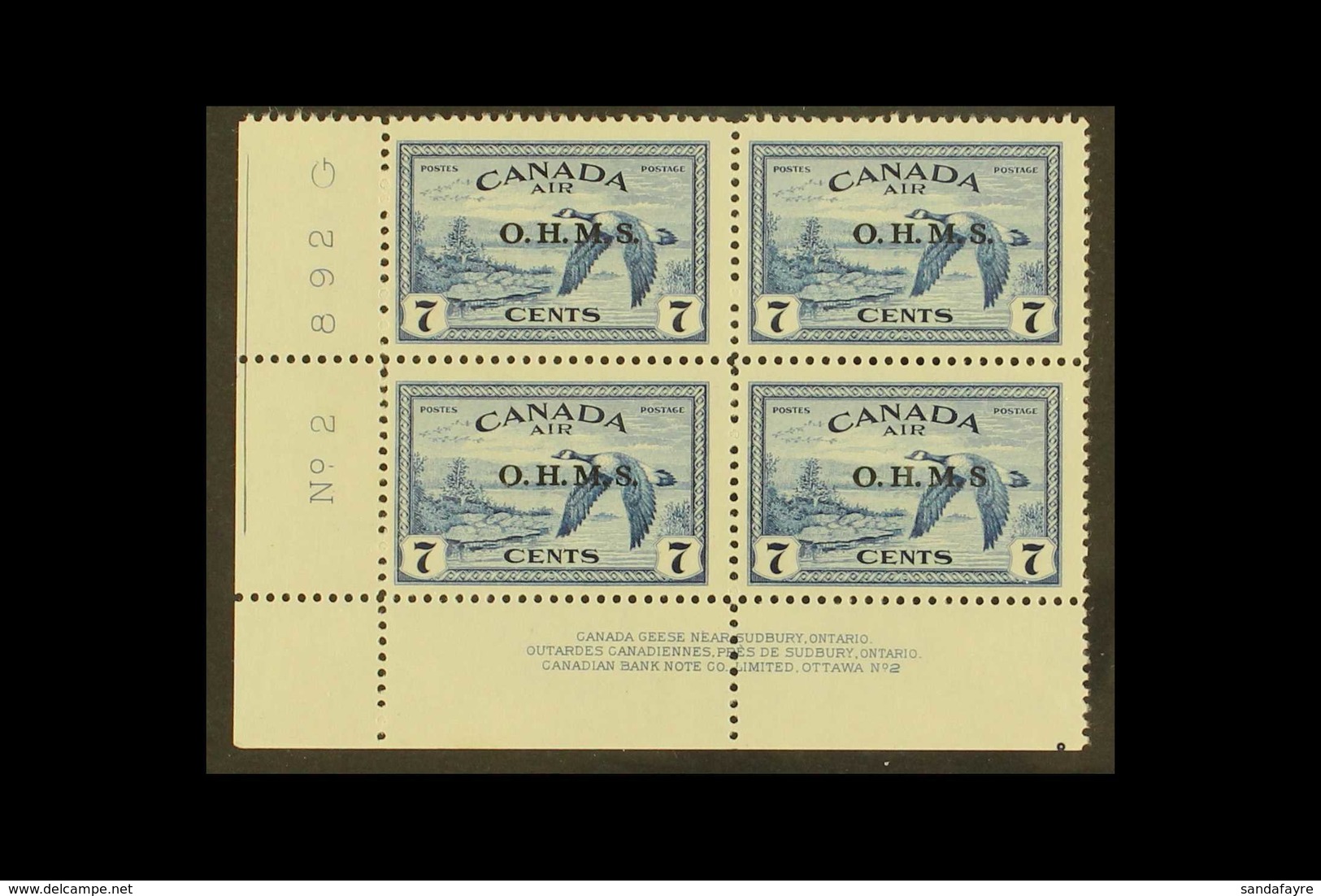 OFFICIALS 1949 7c Blue Air (Canada Geese) Overprinted "O.H.M.S." With MISSING STOP AFTER "S" Variety, SG O171a, Never Hi - Other & Unclassified
