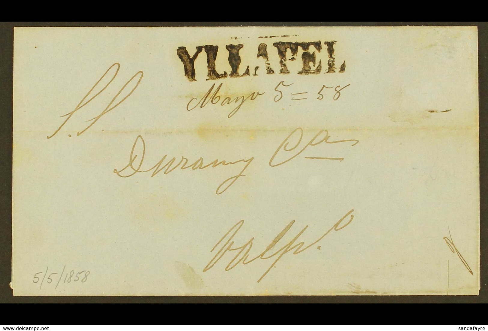 1858 (5 May) Stampless Entire Addressed To Valparaiso, Bearing Rare Straight-line "YLLAPEL" Pre-philatelic Postmark. Usu - Chili