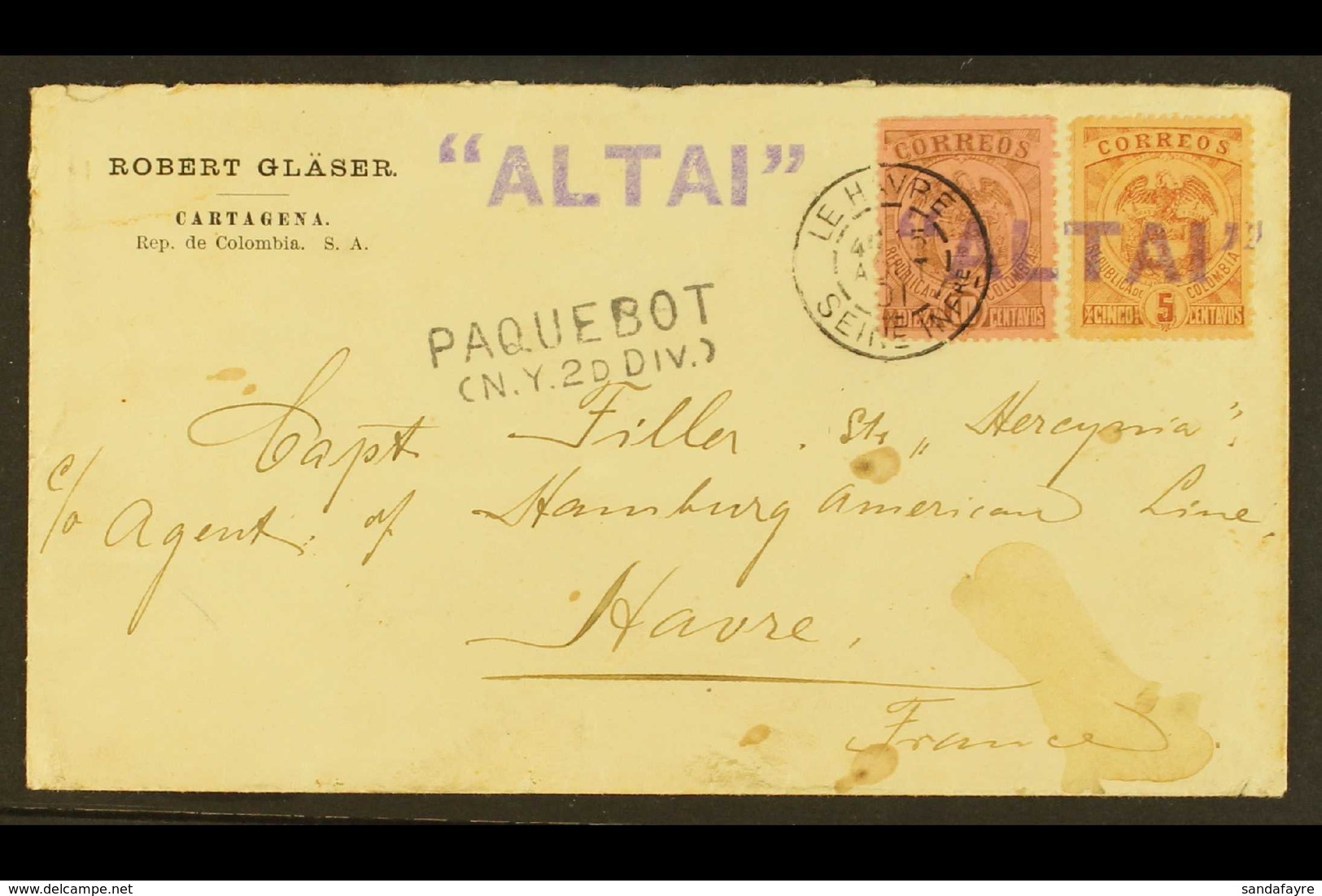 1901 PAQUEBOT S.S. "ALTAI" COVER. 1901 (Aug) Cover Addressed To France, Bearing 5c & 10c Stamps Tied By Straight-line Vi - Kolumbien