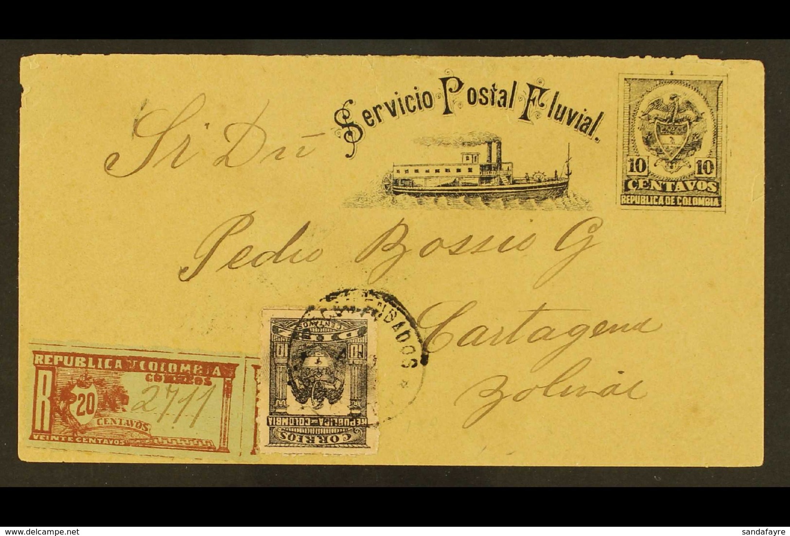 1902 10c Black Registered Printed Ship 'Servicio Postal Fluvial' Postal Stationery Envelope, Uprated With 1902 20c Perf  - Kolumbien