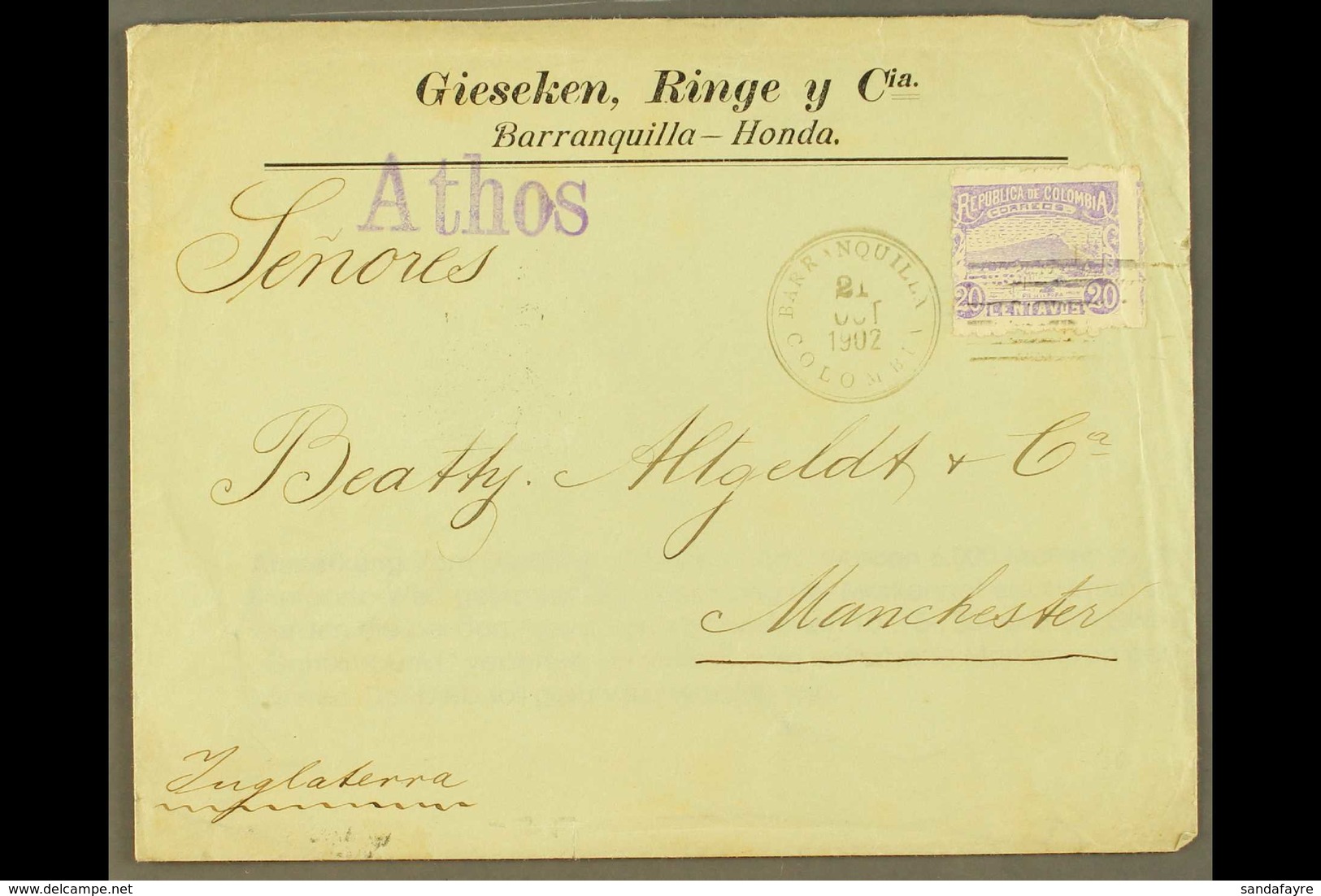 1902 S.S. "ATHOS" SHIP COVER. 1902 (Oct) Cover Addressed To England, Bearing 20c Stamp Tied By "Barranquilla" Postmark,  - Colombia