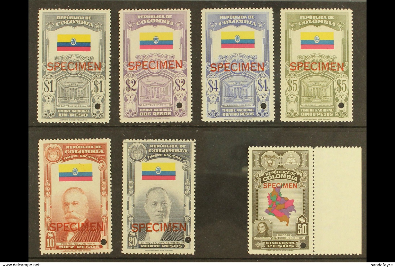 REVENUES 1944 'Timbre Nacional' Complete Set, Plus 1941 50p Relief Fund, All Fine Never Hinged Mint With "SPECIMEN" Over - Kolumbien