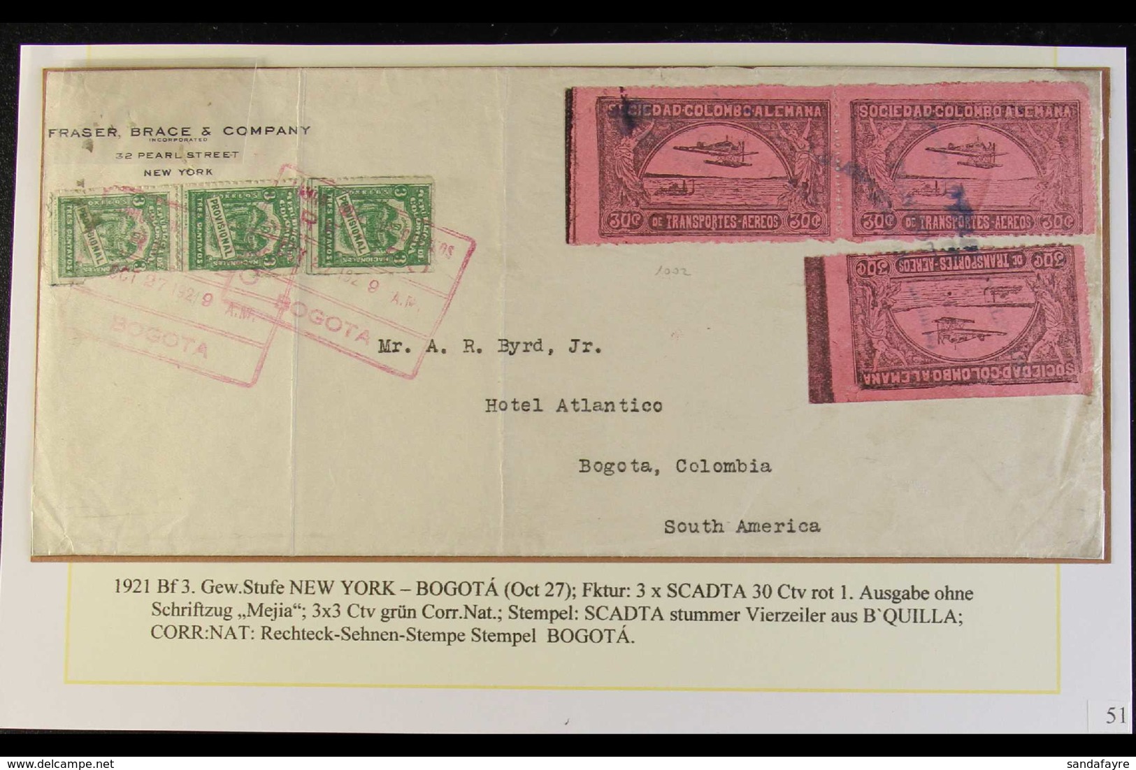 SCADTA 1921 (Oct) Cover From USA Addressed To Admiral Byrd At Bogota, Bearing Colombia 3c (x3) Tied By Red Boxed "Bogota - Kolumbien