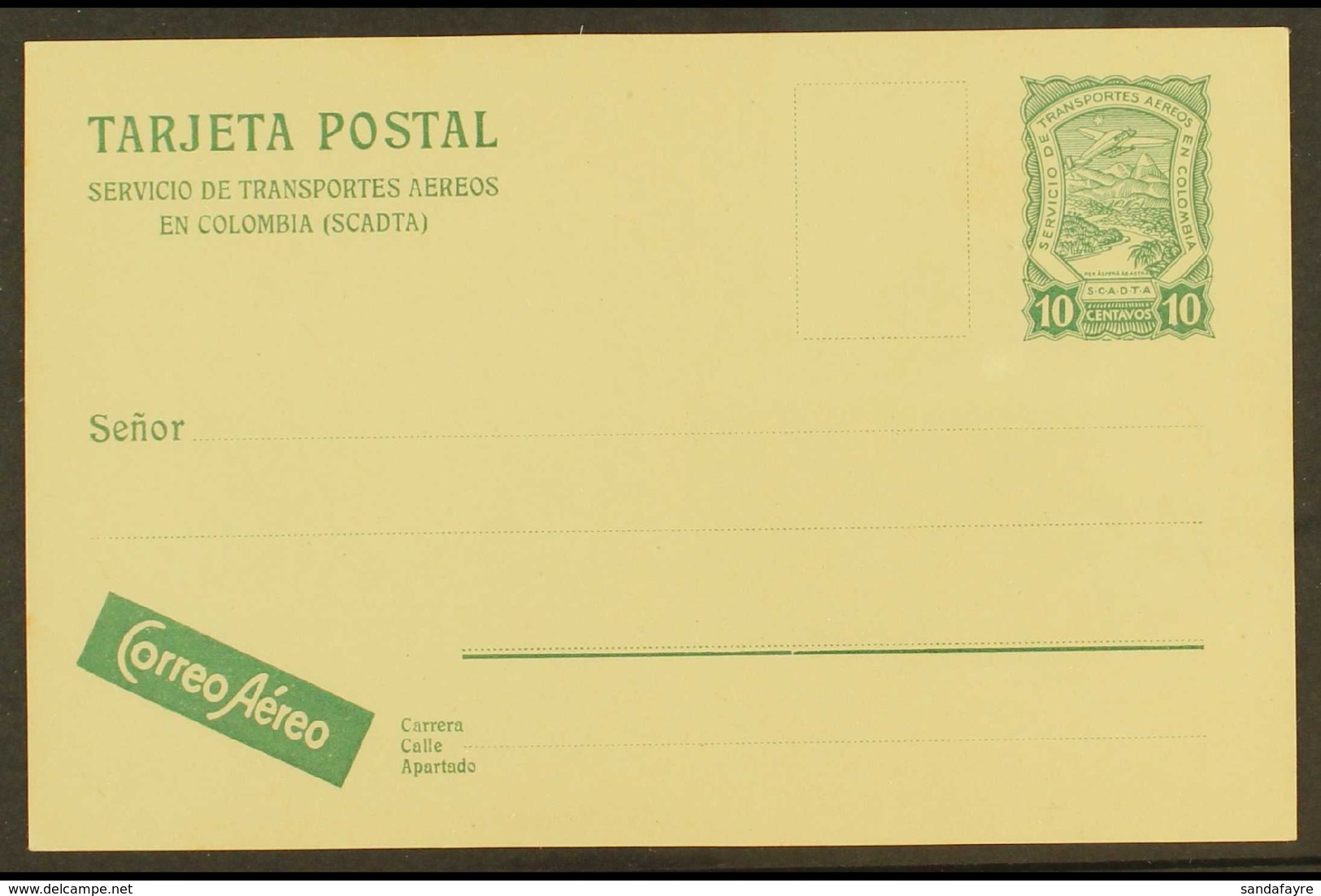 SCADTA 1923 10c Green On Amber Postal Stationery Postal Card, H&G 1, Very Fine Mint, Scarce. For More Images, Please Vis - Colombia