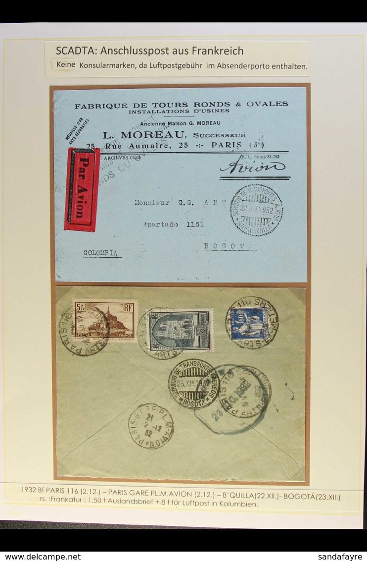 SCADTA 1932 Airmail Cover From France Addressed To Bogota, Bearing (on Reverse) France 1.50f, 3f & 5f Stamps Tied By "Pa - Kolumbien