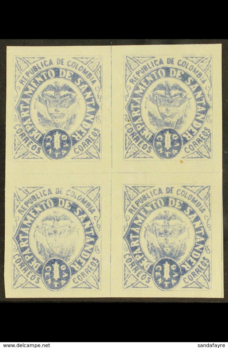 DEPARTMENT OF SANTANDER 1889 1c Blue IMPERF Block Of Four PRINTED BOTH SIDES, As SG 10 (Scott 10), Never Hinged Mint For - Kolumbien