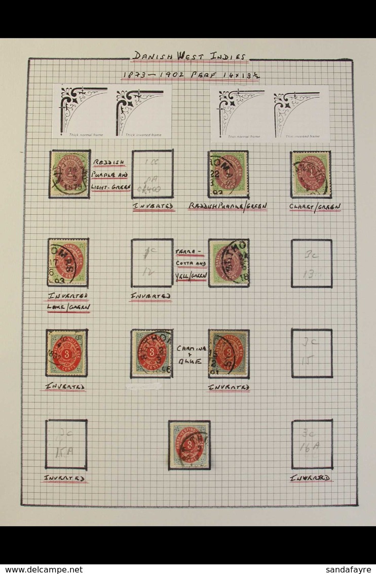 1873-1915 FINE USED COLLECTION On Leaves, Includes 1873-1902 Perf 14x13½ 1c (x5, One Inverted Frame), 3c (x4, Two Invert - Dänisch-Westindien