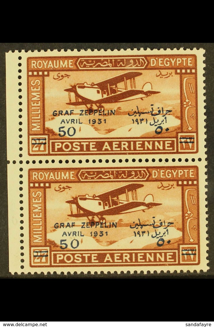 1931 50m On 27m Chestnut Zeppelin Overprint, SG 185, Fine Never Hinged Mint Left Marginal Vertical PAIR With One Stamp S - Andere & Zonder Classificatie