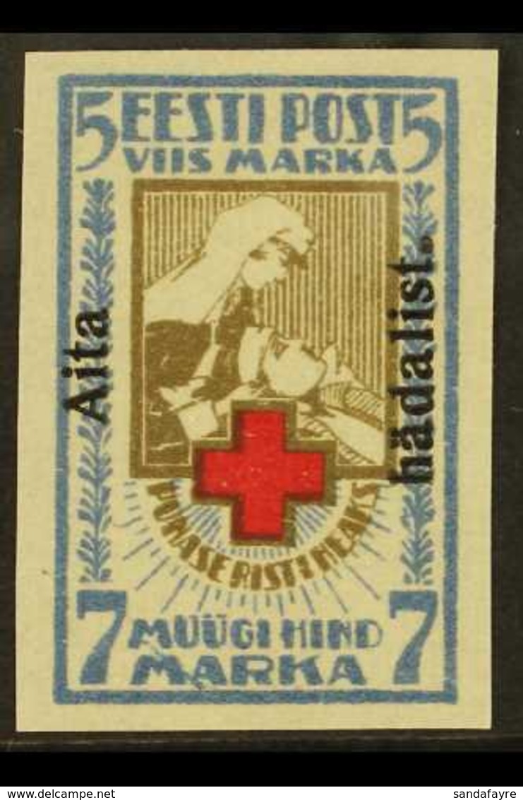 1923 7m+5m Brown & Blue Imperf "Aita Hadalist" Overprint With COLOURED STROKE THROUGH "MA" OF "MARKA" Variety (position  - Estonia