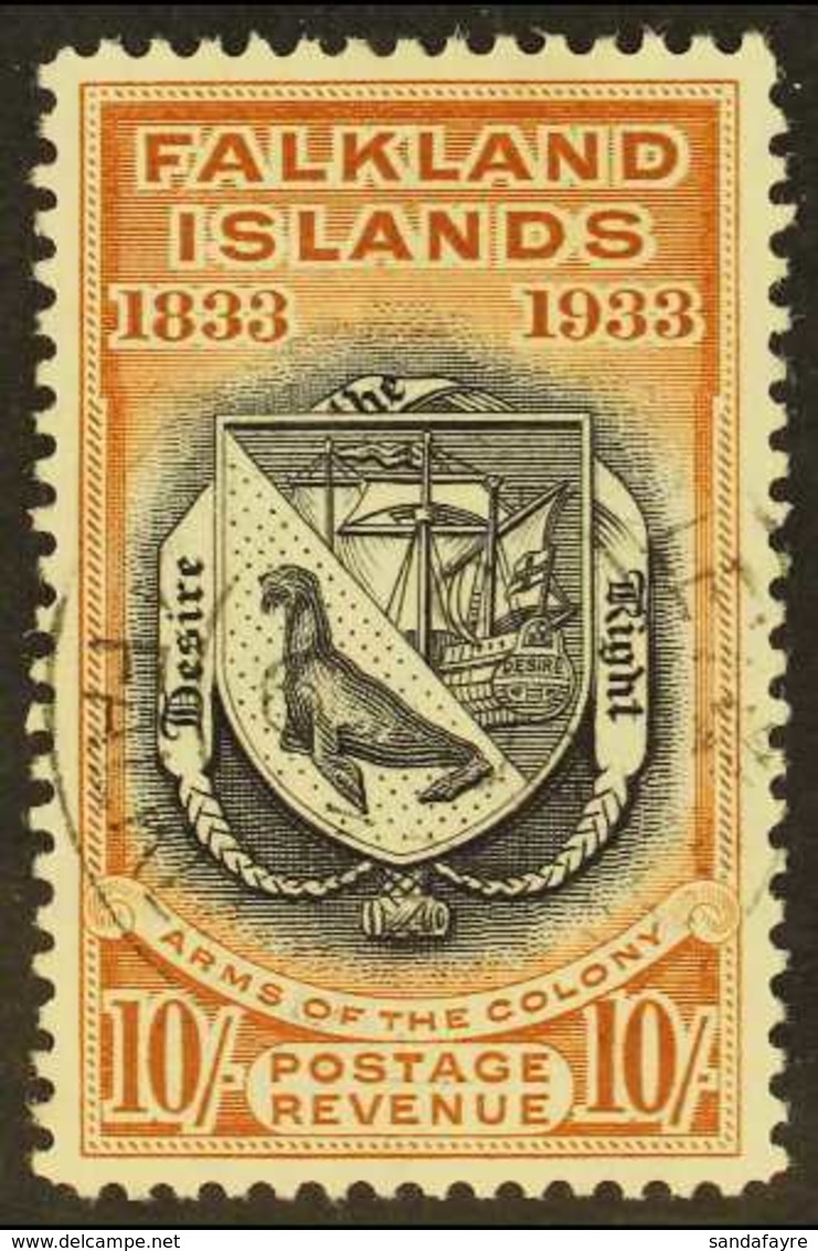 1933 10s Black And Chestnut Centenary, SG 137, Lightly Cancelled By Madame Joseph Forged Cds Of 6 Jan 1933. Very Attract - Falkland Islands