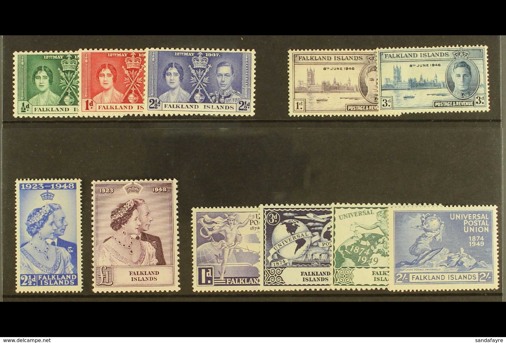 1937-49 COMPLETE COMMEMORATIVES Presented On A Stock Card & Includes Coronation, Victory, Silver Wedding & UPU Sets. Lig - Falklandeilanden