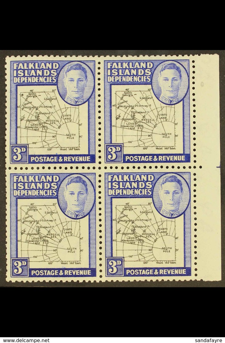 1946 3d Black And Blue "Thick Map" With EXTRA ISLAND Variety, SG G4aa, In A Very Fine Mint Marginal Block Of Four. Lovel - Falklandeilanden