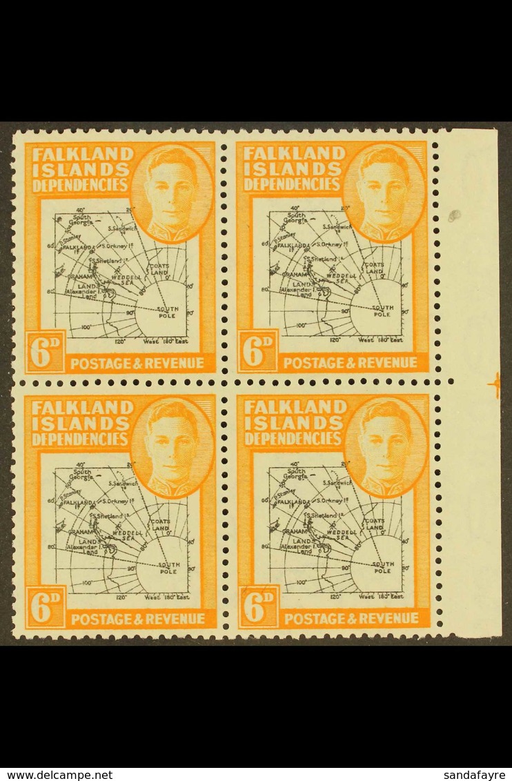 1946 6d Black And Orange "Thick Map" With EXTRA ISLAND Variety, SG G6aa, In A Very Fine Mint Marginal Block Of Four. Lov - Falklandeilanden