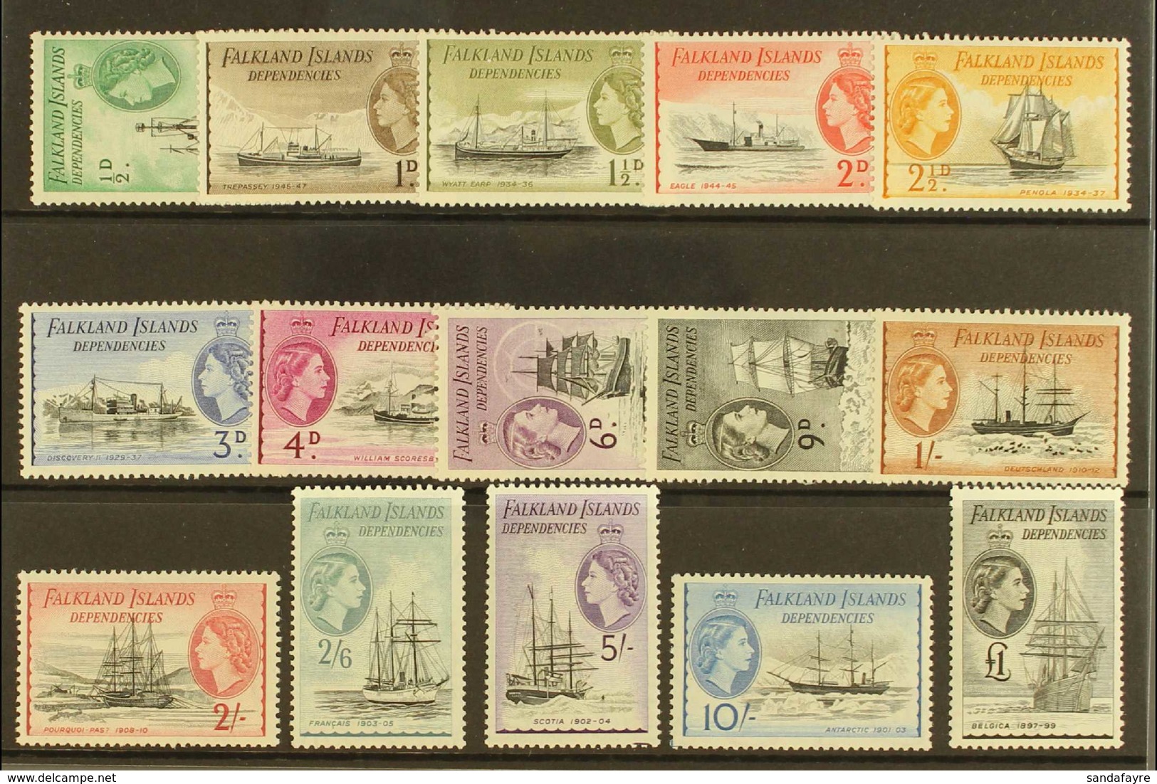 1954-62 Complete Definitive Set, SG G26/40, Very Lightly Hinged Mint (15 Stamps) For More Images, Please Visit Http://ww - Falklandeilanden