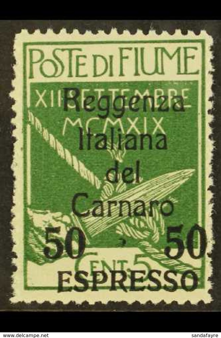 EXPRESS 1920 50c On 5c Green Overprint (Sassone 4, SG E164), Never Hinged Mint, Light Bend Not Distracting, Very Fresh.  - Fiume