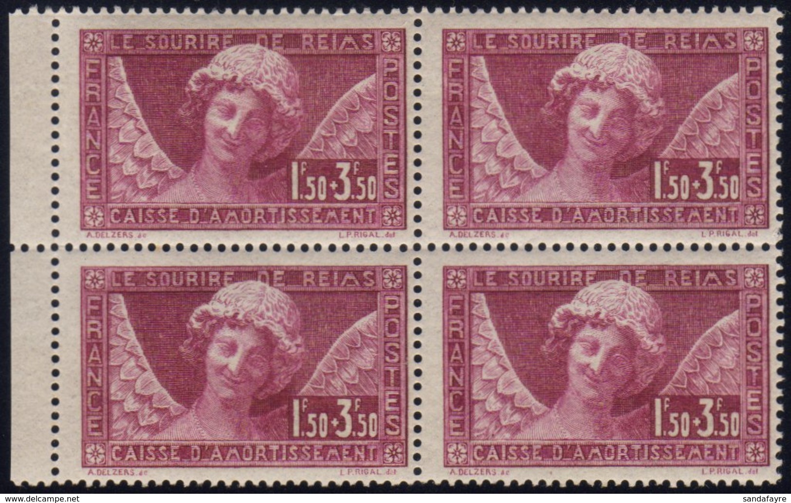 1930 1.50f + 3.50f Reddish Purple Sinking Fund, SG 480, Yvert 256, Fine Never Hinged Mint Marginal BLOCK Of 4, Fresh. (4 - Other & Unclassified