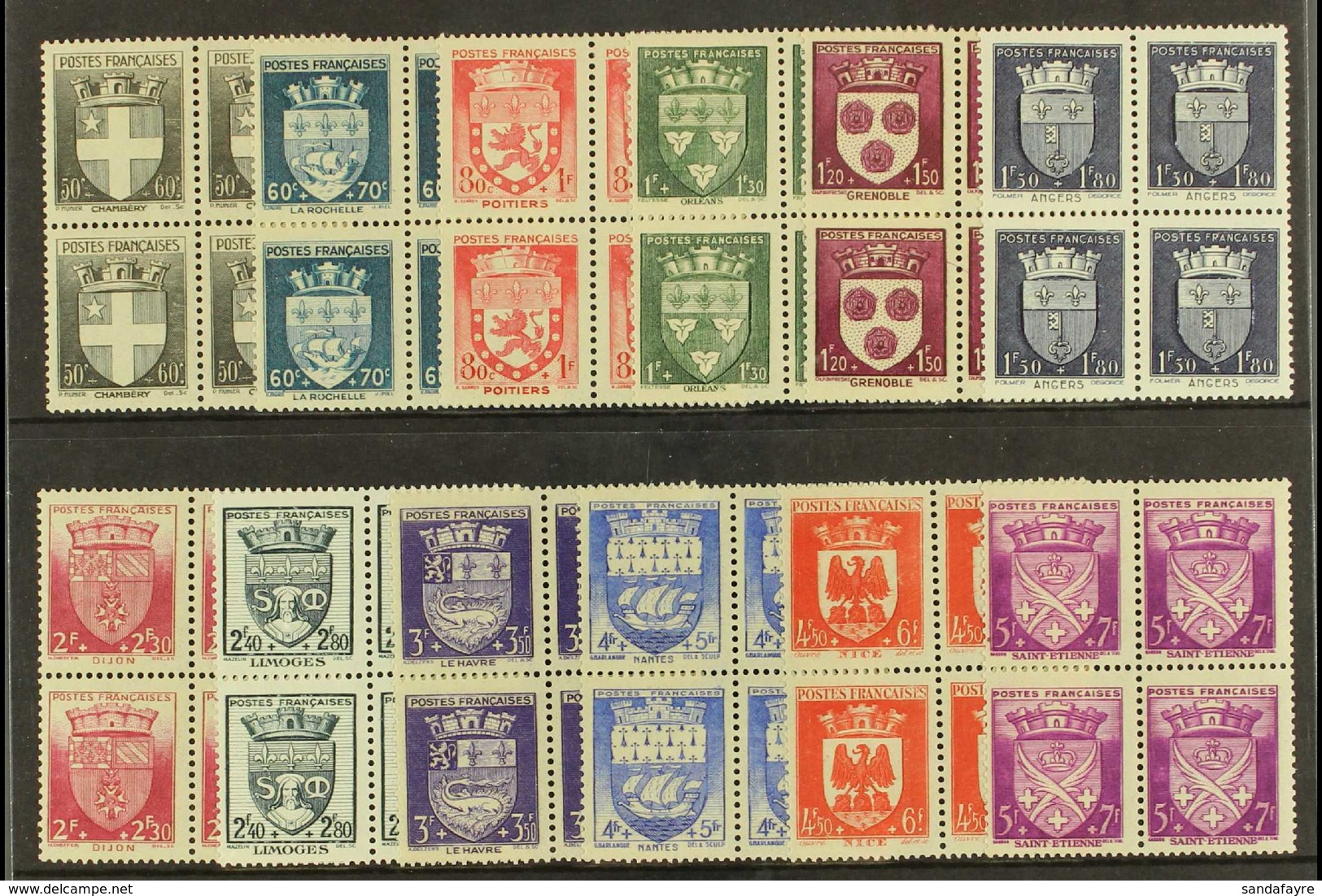 1942 National Relief Fund "Town Arms" Complete Set, Yv 553/564, Very Fine Never Hinged Mint Blocks Of Four (12 Blocks=48 - Andere & Zonder Classificatie