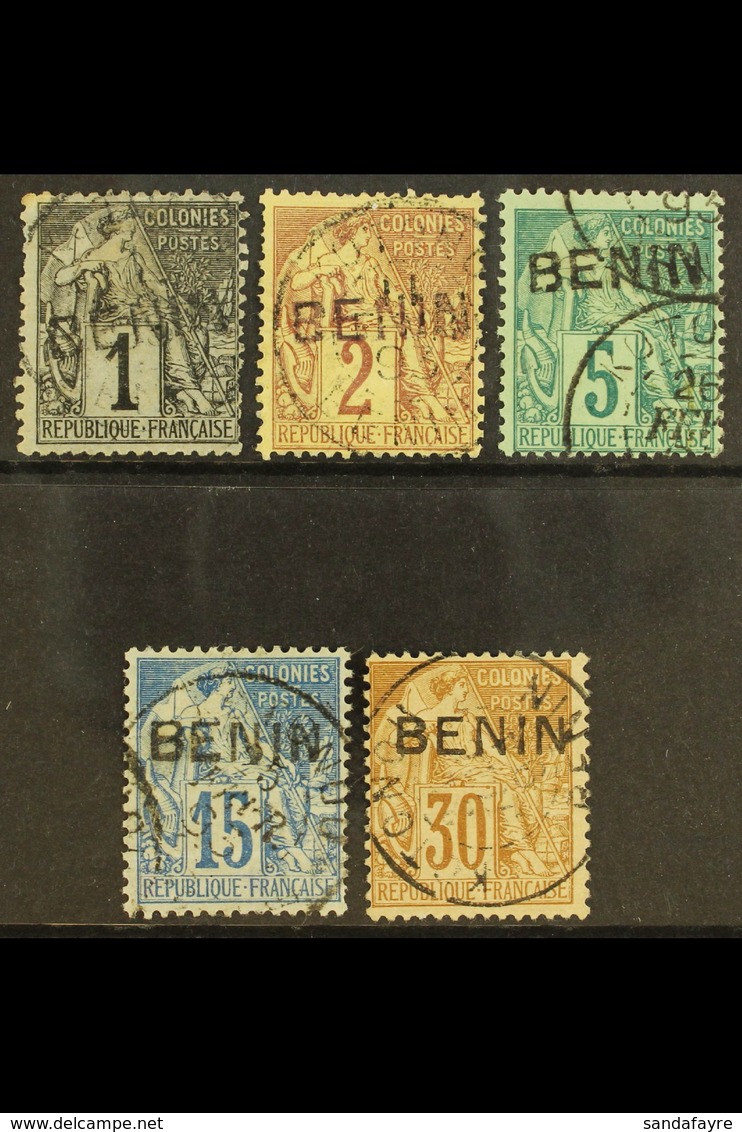 BENIN 1892 (black "BENIN" Handstamped) 1c (small Faults), 2c, 5c, 15c And 30c (Yvert 1, 2, 4, 6 & 9), Very Fine Used. (5 - Andere & Zonder Classificatie