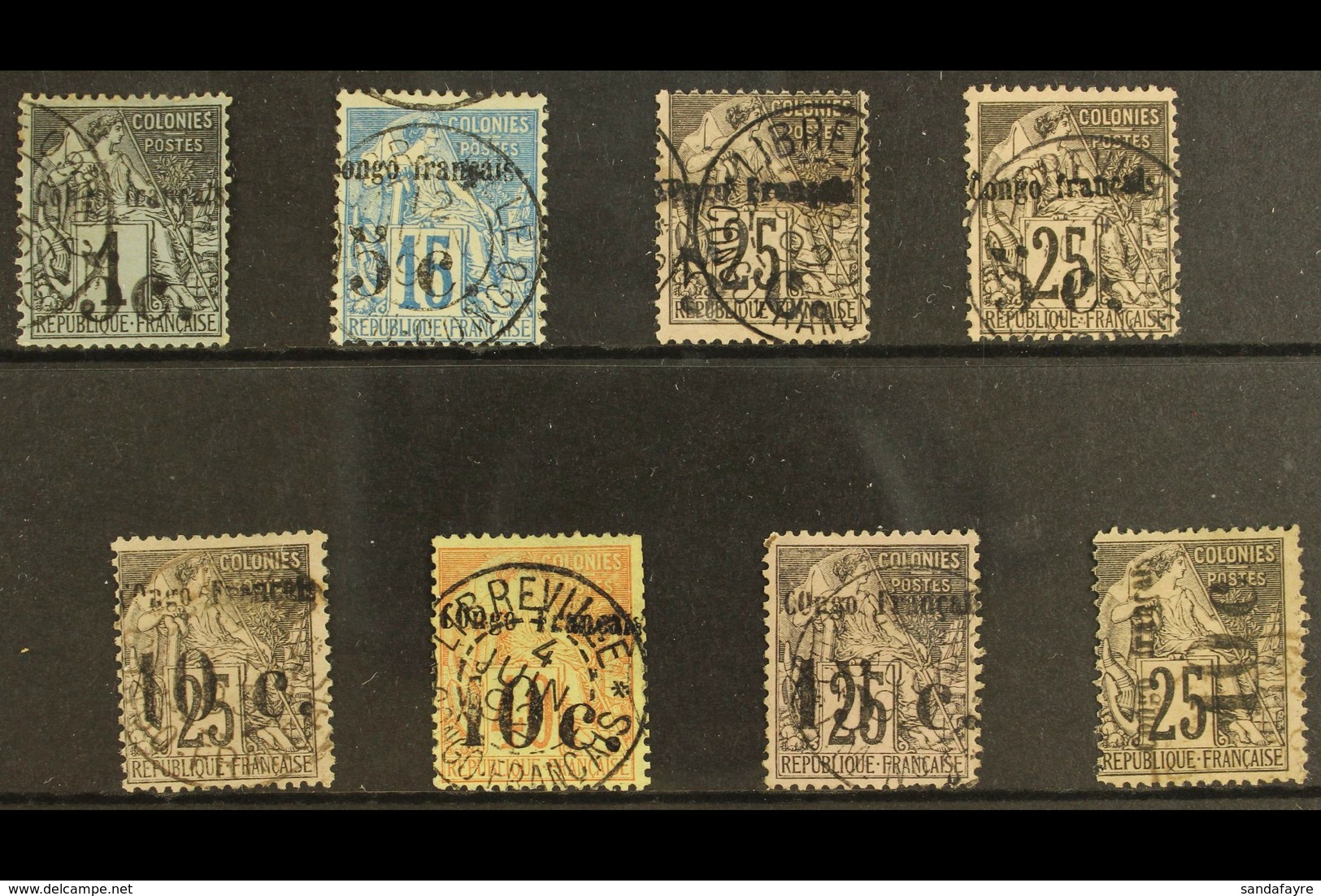 FRENCH CONGO 1891 FINE USED SURCHARGED SELECTION On A Stock Card. Includes 5c On 1c (Yv 1), 5c On 15c (Yv 2) & 5c On 25c - Andere & Zonder Classificatie